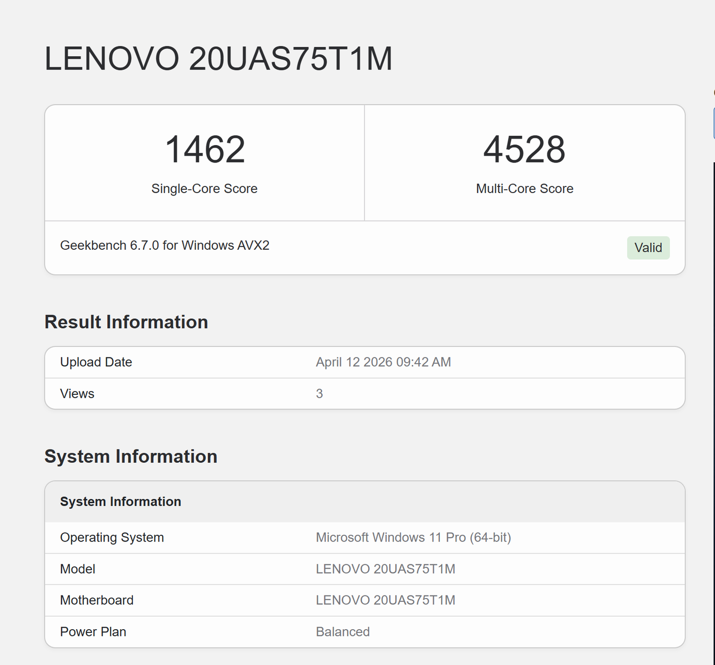 Hasil Geekbench 6 ThinkPad X1 Carbon Gen 8 — 1462 / 4528