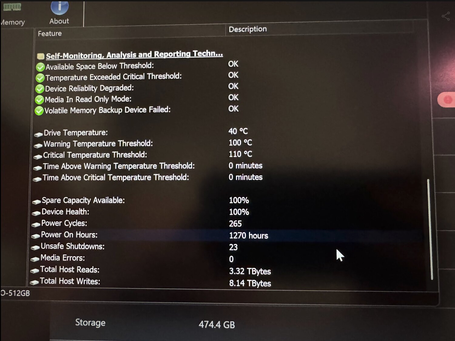 Laporan S.M.A.R.T. storage KYO 512GB
