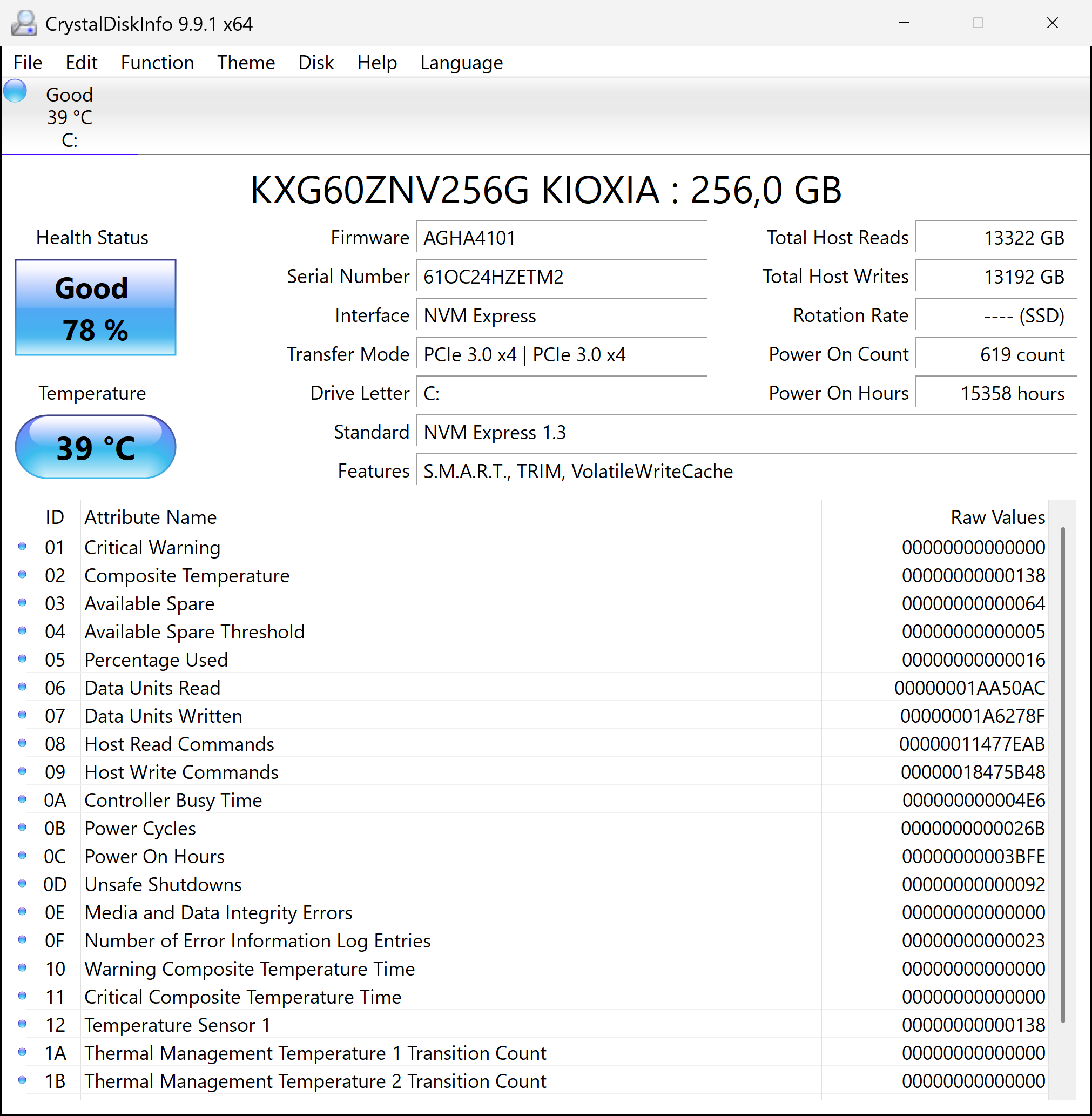 CrystalDiskInfo — kesehatan SSD KIOXIA KXG60ZNV256G 256GB