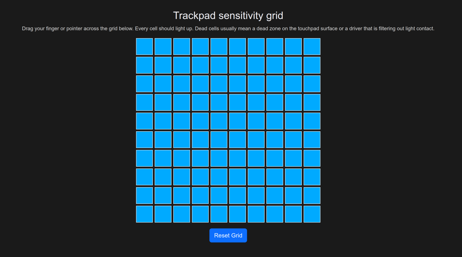 Trackpad sensitivity grid — semua sel menyala