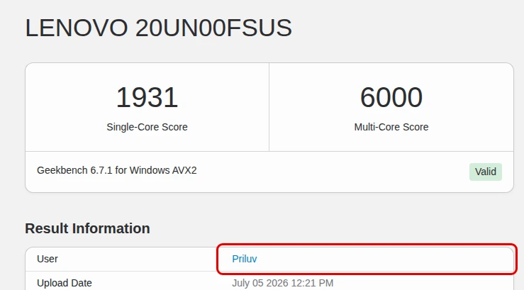 Geekbench 6 — LENOVO 20UN00FSUS, akun Priluv ditandai