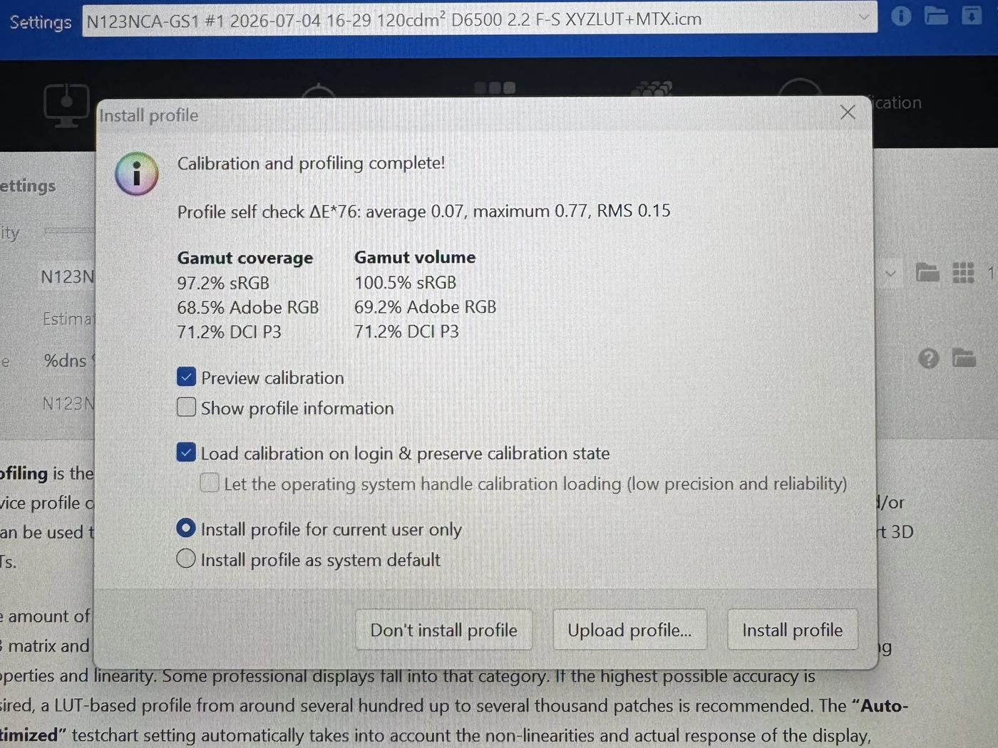Hasil DisplayCAL — Delta E rata-rata 0,07