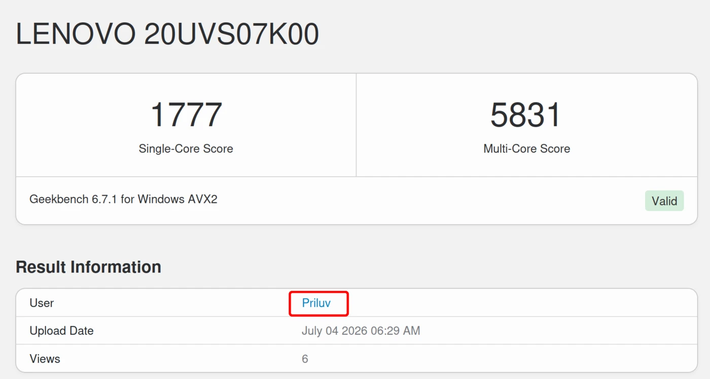 Geekbench 6 — LENOVO 20UVS07K00, akun Priluv ditandai