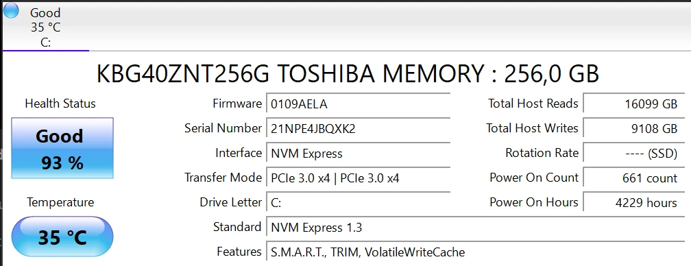 CrystalDiskInfo — kesehatan SSD Toshiba KBG40ZNT256G